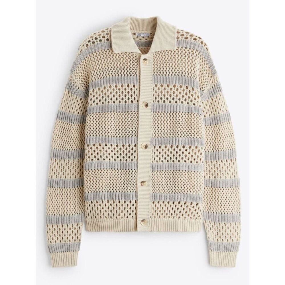 Zara | women’s Cream and Light Gray Open-Knit Button Cardigan